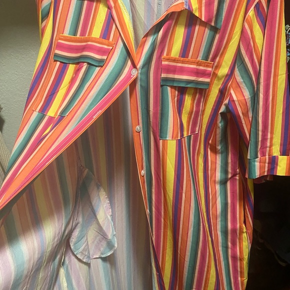 Colorful Striped Button-Up Shirt Dress w/ pockets tunic - Picture 3 of 7